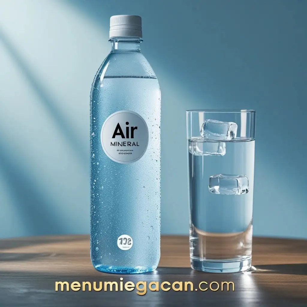 Air mineral dingin dalam botol dengan es batu di gelas.