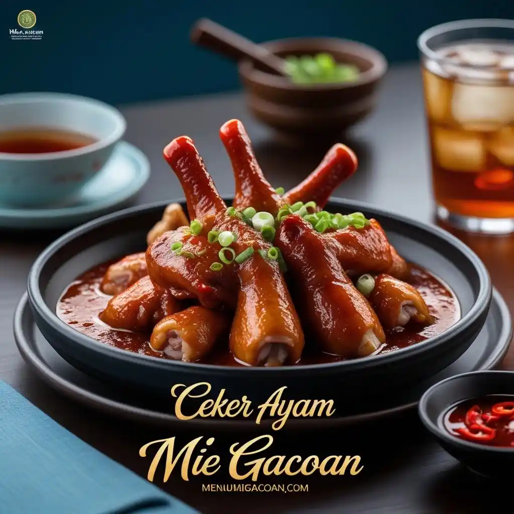 Ceker Ayam pedas dengan saus cabai merah kental, disajikan dengan taburan daun bawang.