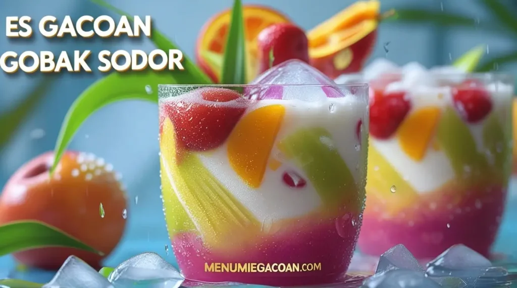 Es Gacoan Gobak Sodor segar dengan buah, cincau, dan susu. Teks 'Es Gacoan Gobak Sodor' di atas, 'menumiegacoan.com' di bawah.