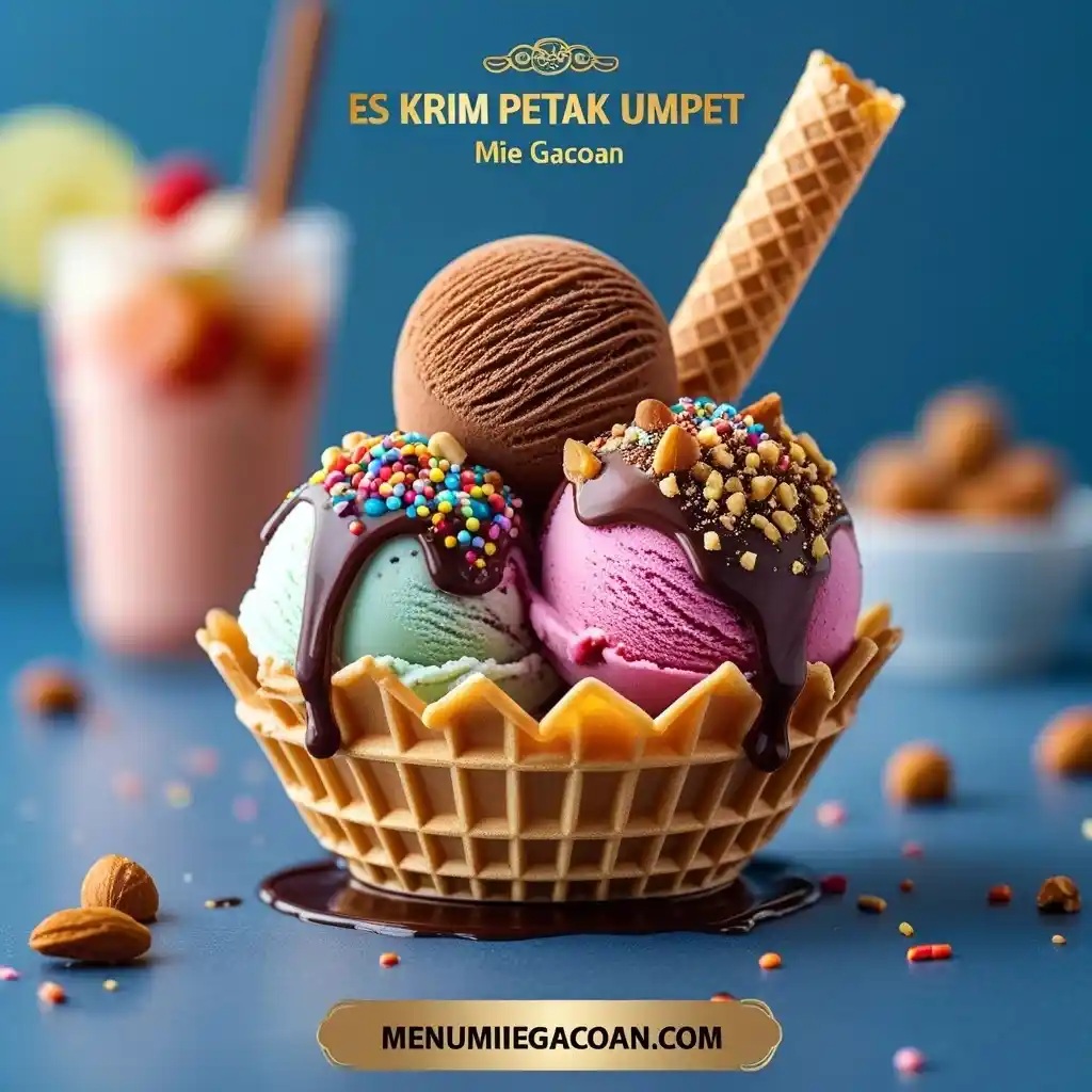 Es Krim Petak Umpet dengan dua rasa, saus cokelat, sprinkle warna-warni, dan waffle renyah.