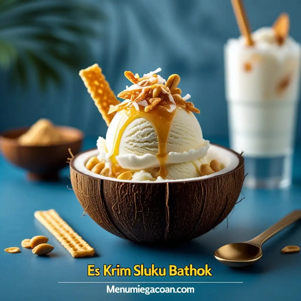 Es Krim Sluku Bathok lembut dengan sirup gula aren, kelapa parut, dan kacang panggang.