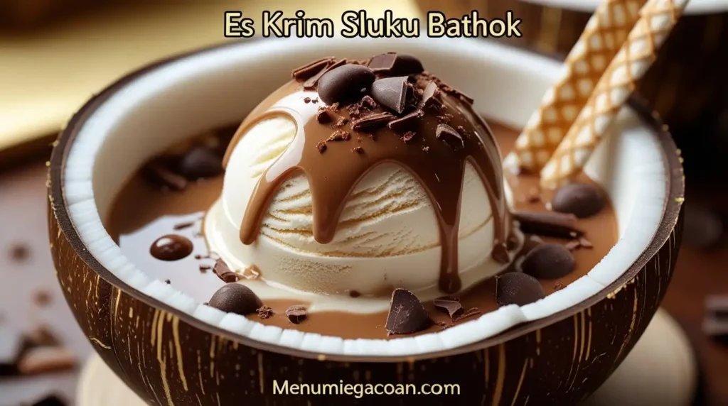 Es Krim Sluku Bathok lembut dengan sirup moka. Teks 'Es Krim Sluku Bathok' di atas, 'menumiegacoan.com' di bawah.