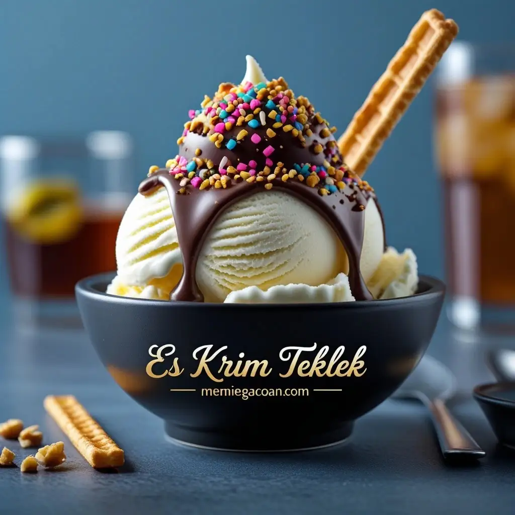 Es Krim Teklek lembut dengan saus cokelat, taburan kacang, dan waffle renyah.