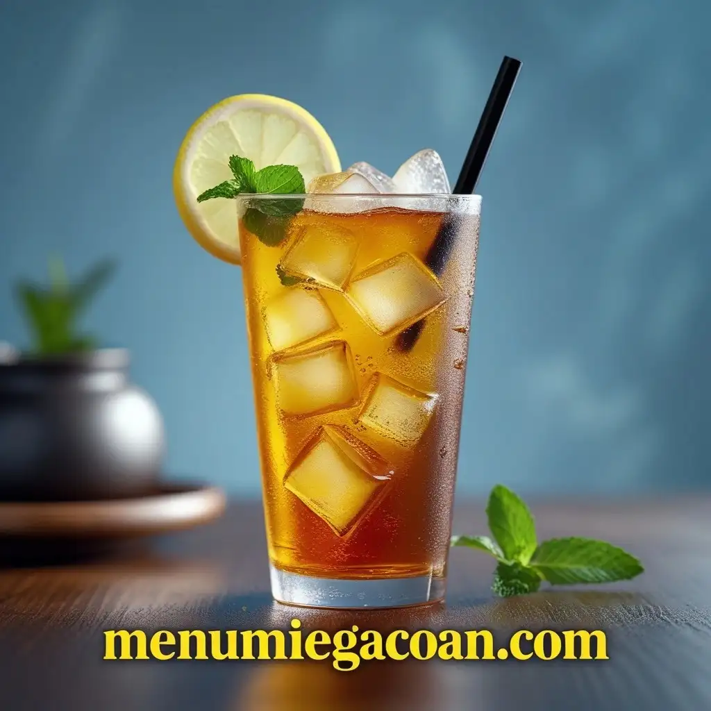 Es Teh segar dengan es batu, irisan lemon, dan daun mint.