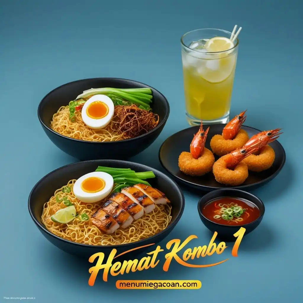 Hemat Kombo 1 Mie Jas, Udang Keju, Udang Rambutan, dan Teh Lemon dingin.