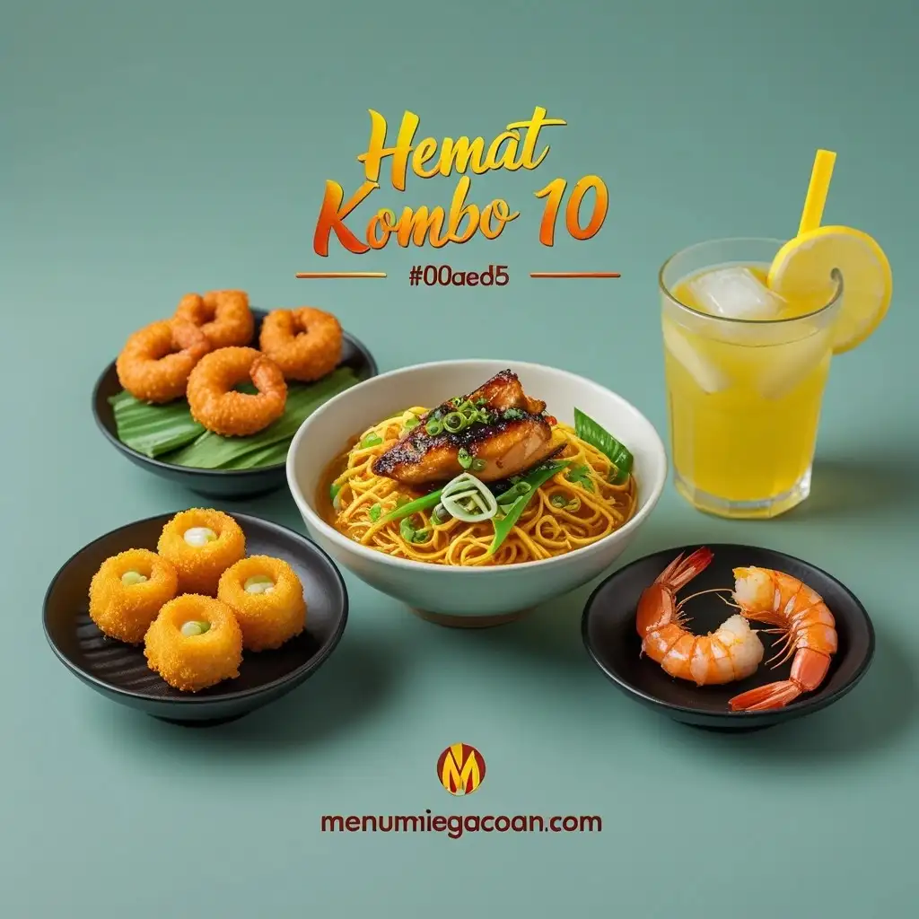 Hemat Kombo 10 Mie Gacoan – Mie Gacoan Lv1 (2 porsi), Keju Udang, Udang Rambutan, dan Teh Lemon.