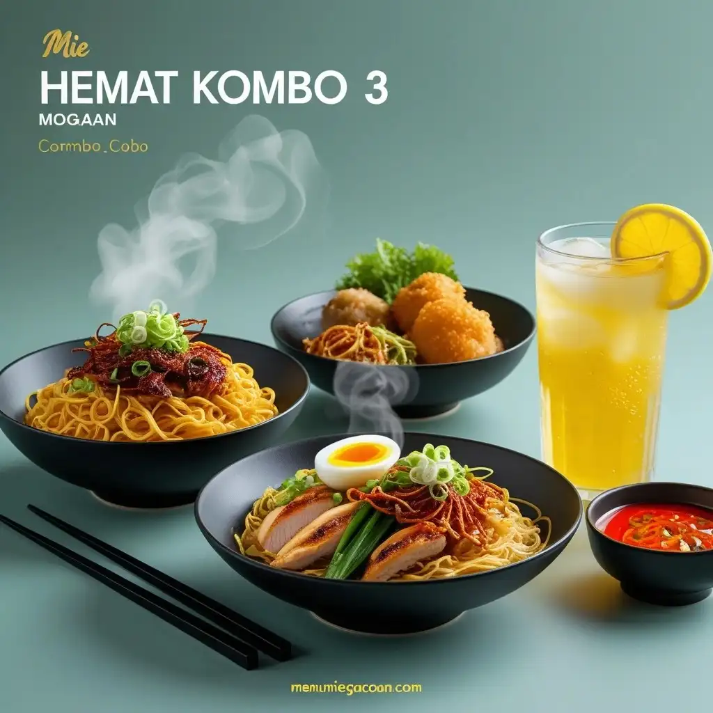 Hemat Kombo 3 Mie Gacoan – Mie Jas, Mie Gacoan Lv0, Udang Keju, Udang Rambutan, dan Teh Lemon disajikan dengan tampilan menggugah selera.
