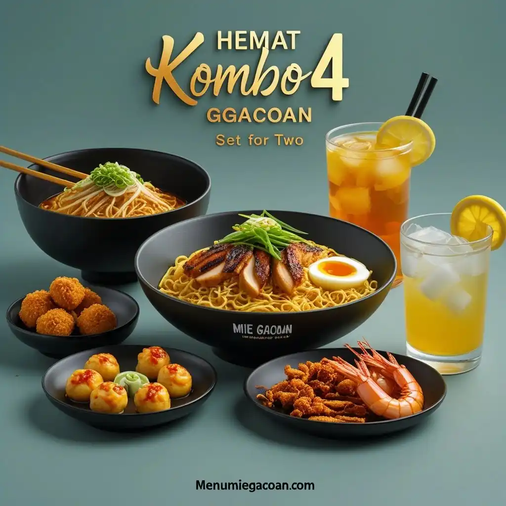 Hemat Kombo 4 Mie Gacoan – Mie Jas, Mie Gacoan Lv1, Udang Keju, Udang Rambutan, dan Teh Lemon dengan tampilan lezat.