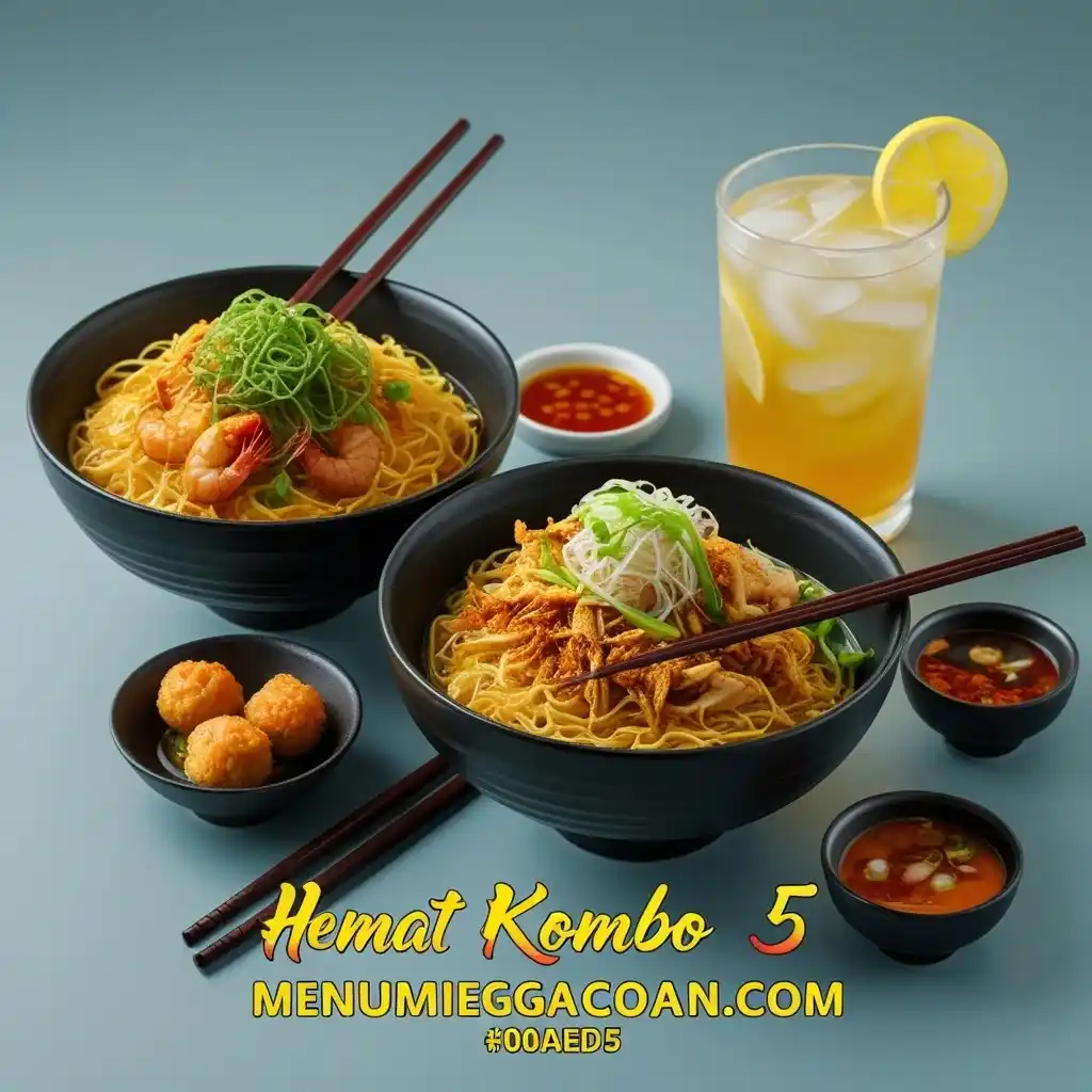 Hemat Kombo 5 Mie Gacoan – Mie Hompimpa Lv1 (2 porsi), Udang Keju, Udang Rambutan, dan Teh Lemon yang lezat.