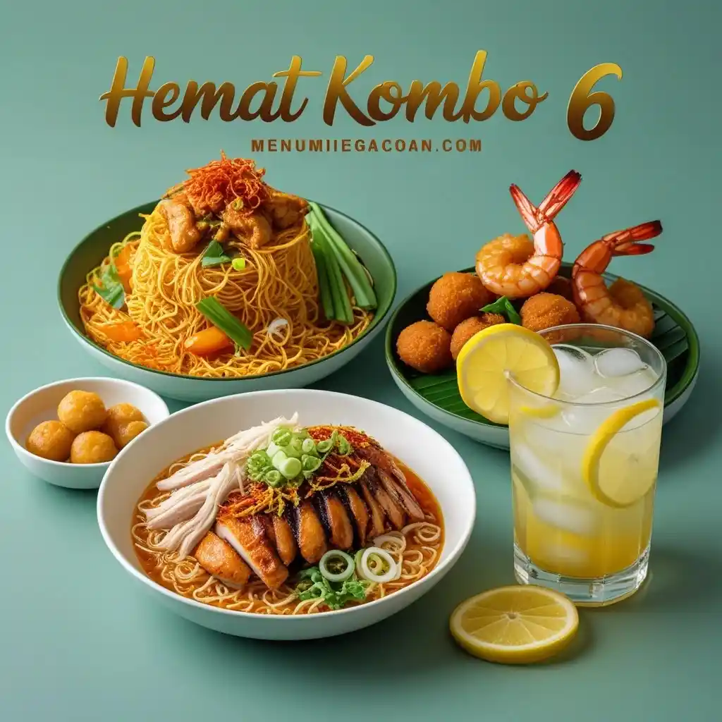 Hemat Kombo 6 Mie Gacoan – Mie Hompimpa Lv1, Mie Gacoan Lv0, Udang Keju, Udang Rambutan, dan Teh Lemon yang lezat.
