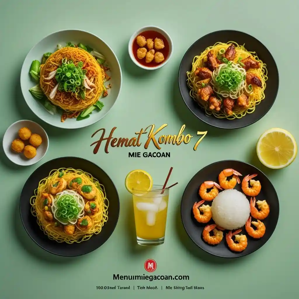 Hemat Kombo 7 Mie Gacoan – Mie Hompimpa Lv1, Mie Gacoan Lv1, Keju Udang, Udang Rambutan, dan Teh Lemon yang lezat.