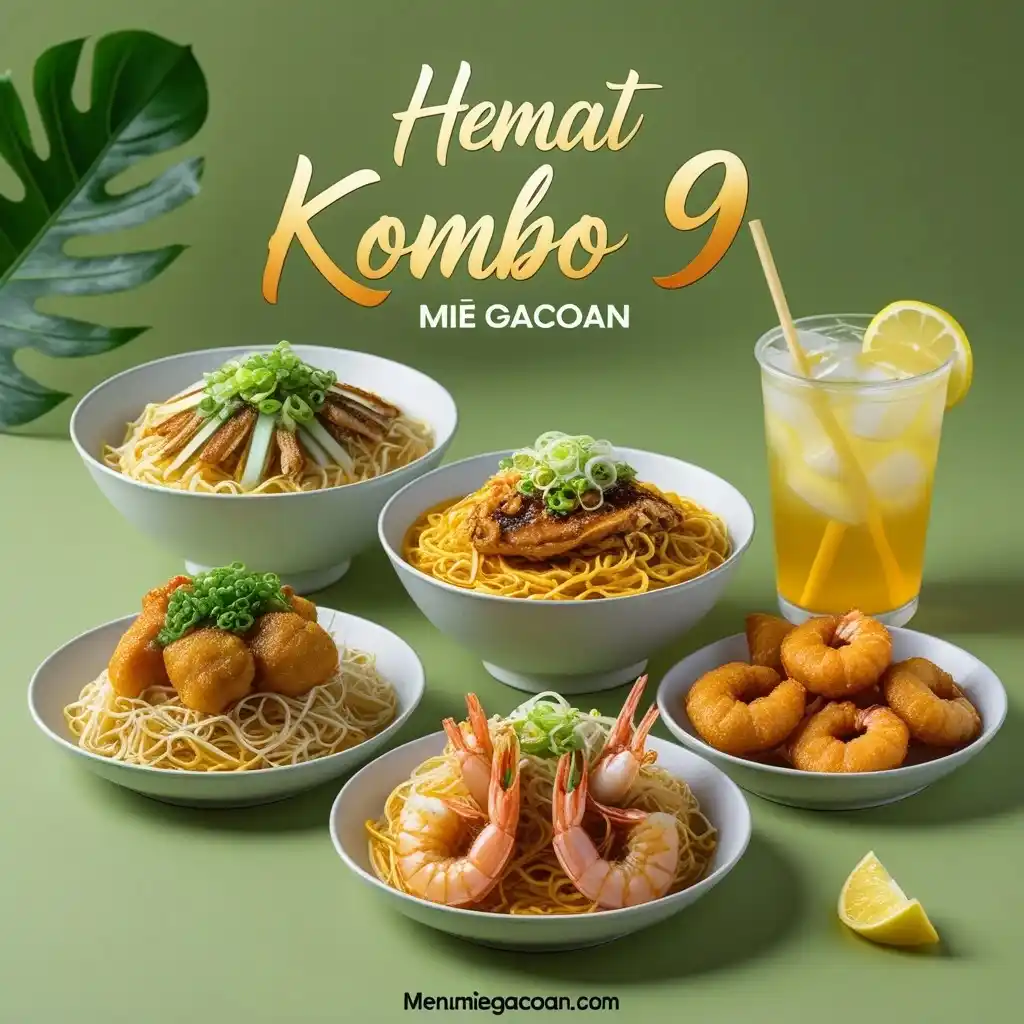 Hemat Kombo 9 Mie Gacoan – Mie Gacoan Lv0 & Lv1 dengan Keju Udang, Udang Rambutan, dan Teh Lemon.
