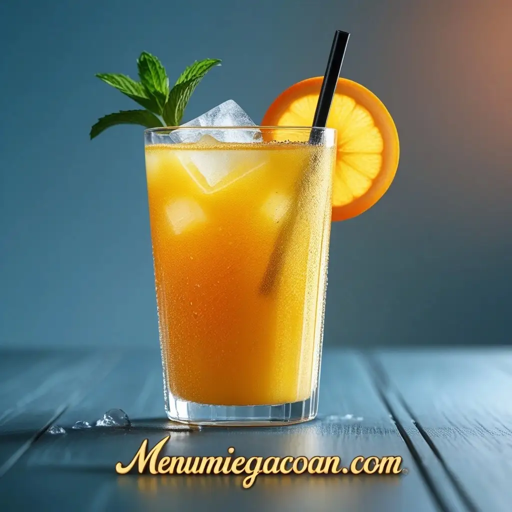 Jus jeruk segar dengan es batu, irisan jeruk, dan daun mint.