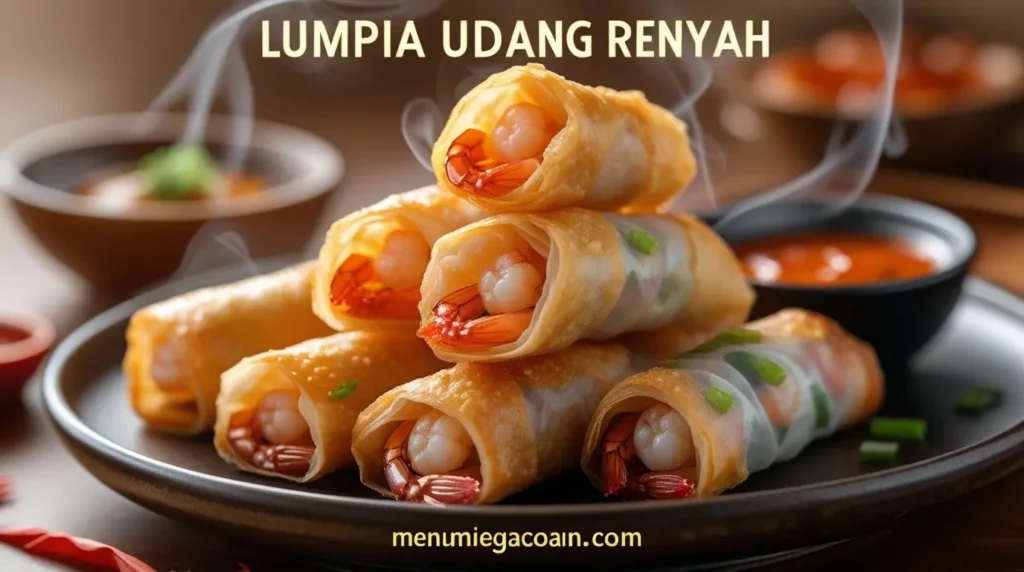 Lumpia Udang Renyah emas keemasan dengan isian udang. Teks 'Lumpia Udang Renyah' di atas, 'menumiegacoan.com' di bawah.