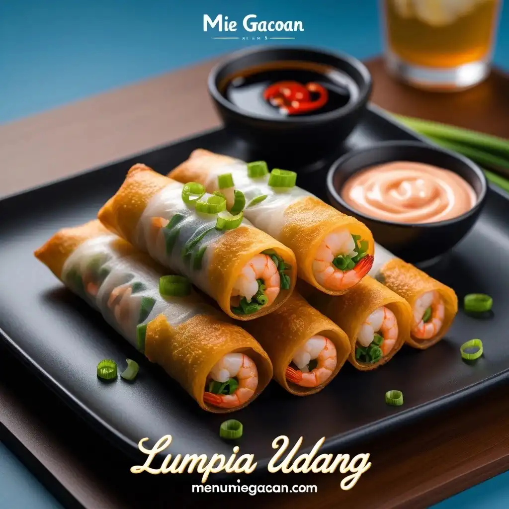 Lumpia Udang renyah dengan isian udang juicy, disajikan dengan saus cabai pedas.
