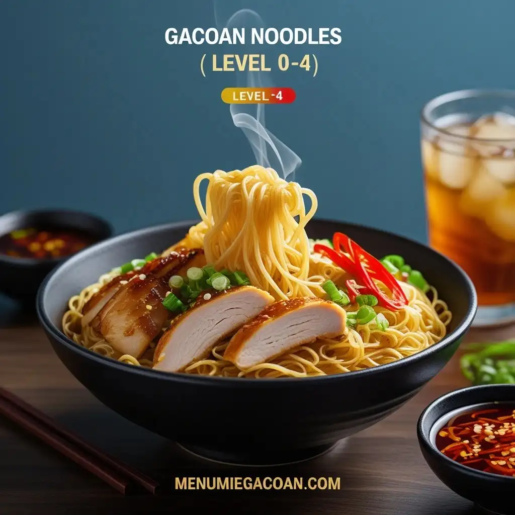 Mie Gacoan Level 0-4 dengan ayam panggang, pangsit goreng, dan bawang goreng, disajikan dengan saus cabai pedas.