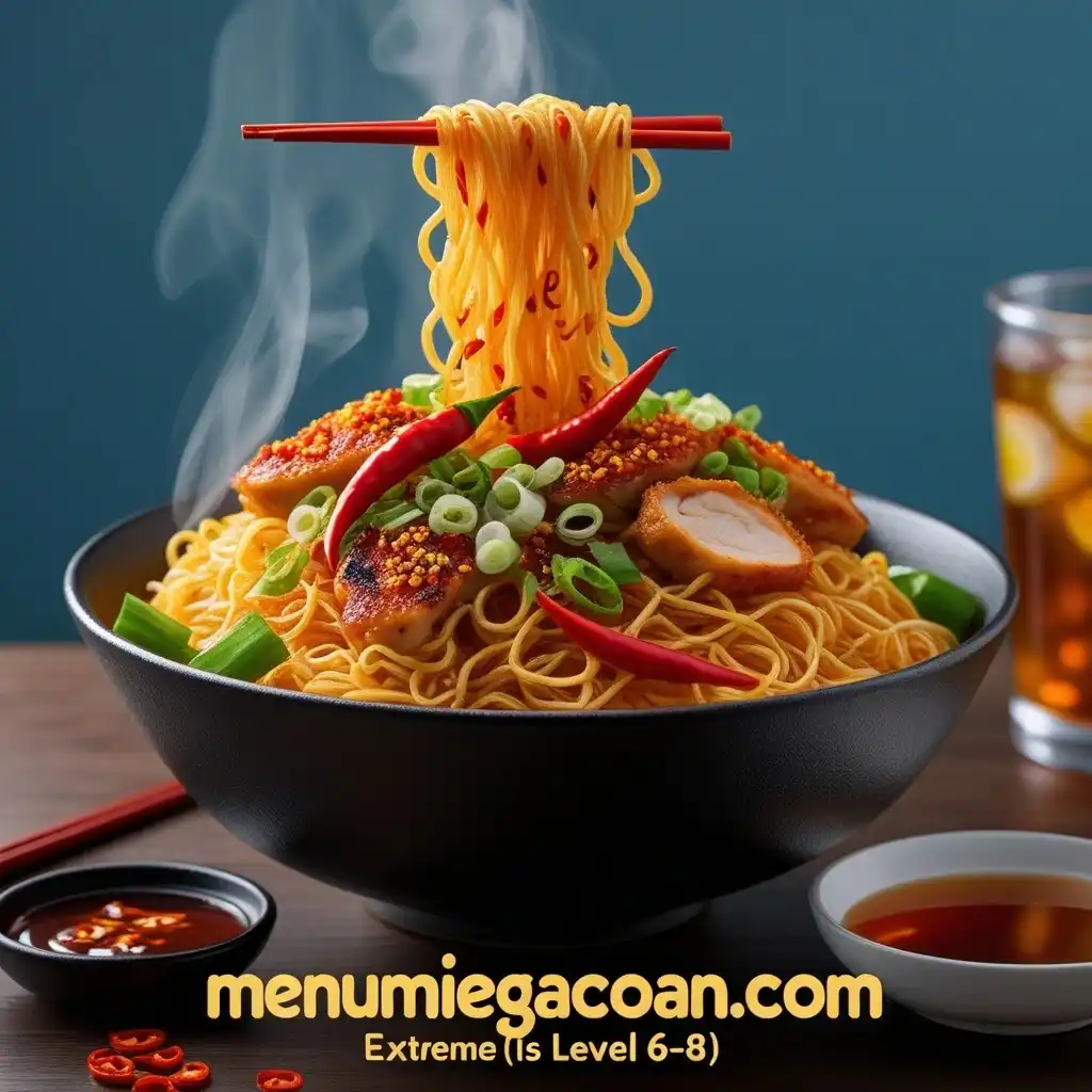 Mie Gacoan Level 6-8 pedas ekstrem dengan ayam panggang, pangsit goreng, dan saus cabai merah menyala.