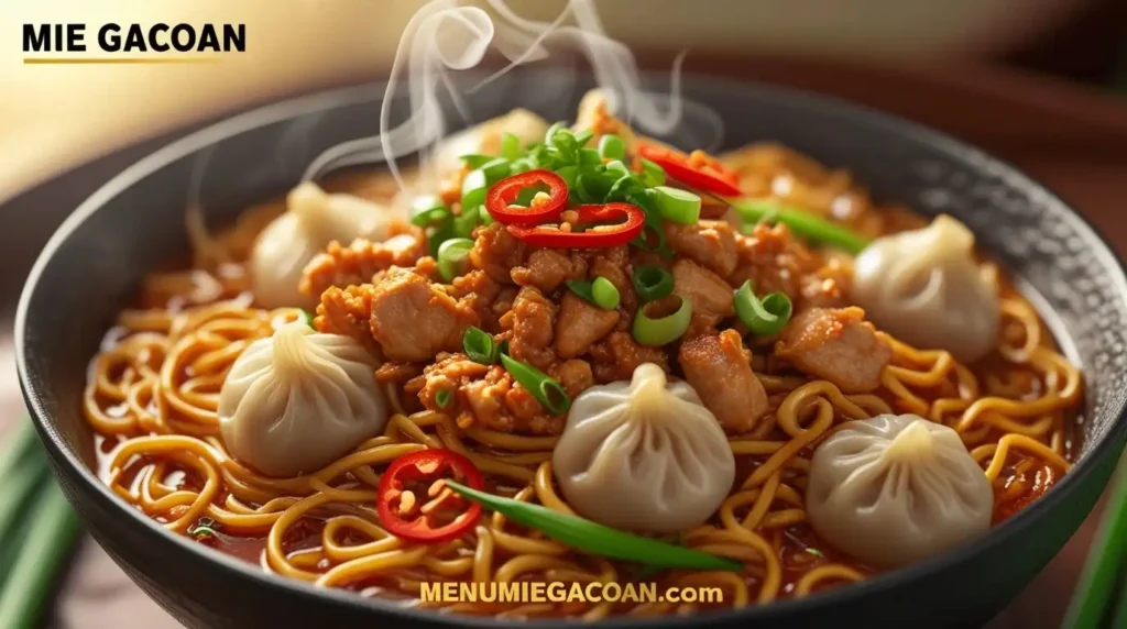 Mie Gacoan pedas, ayam cincang, pangsit renyah. Teks 'Mie Gacoan' di atas, 'menumiegacoan.com' di bawah.