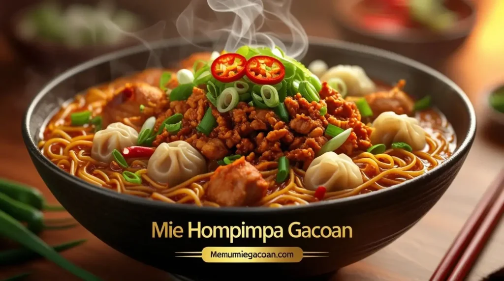 Mie Hompimpa Gacoan pedas dengan ayam cincang dan pangsit renyah, disajikan panas. Teks 'menumiegacoan.com' emas di bawah.