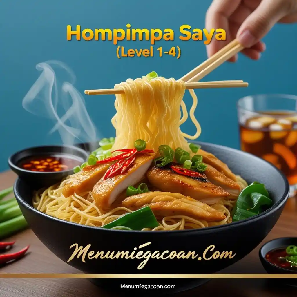 Mie Hompimpa Saya Level 1-4 dengan ayam panggang, pangsit goreng, dan saus cabai ringan.