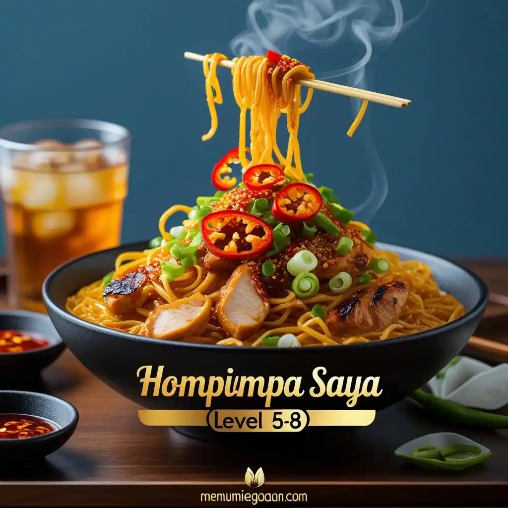 Mie Hompimpa Saya Level 5-8 pedas dengan ayam panggang, pangsit goreng, dan saus cabai merah menyala.