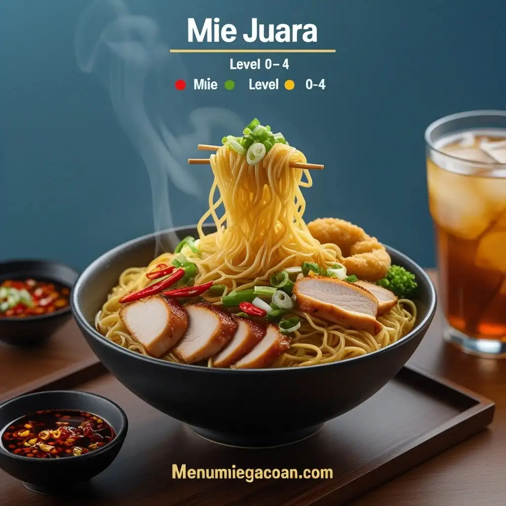 Mie Juara Level 0-4 dengan ayam panggang, pangsit goreng, dan saus cabai ringan.