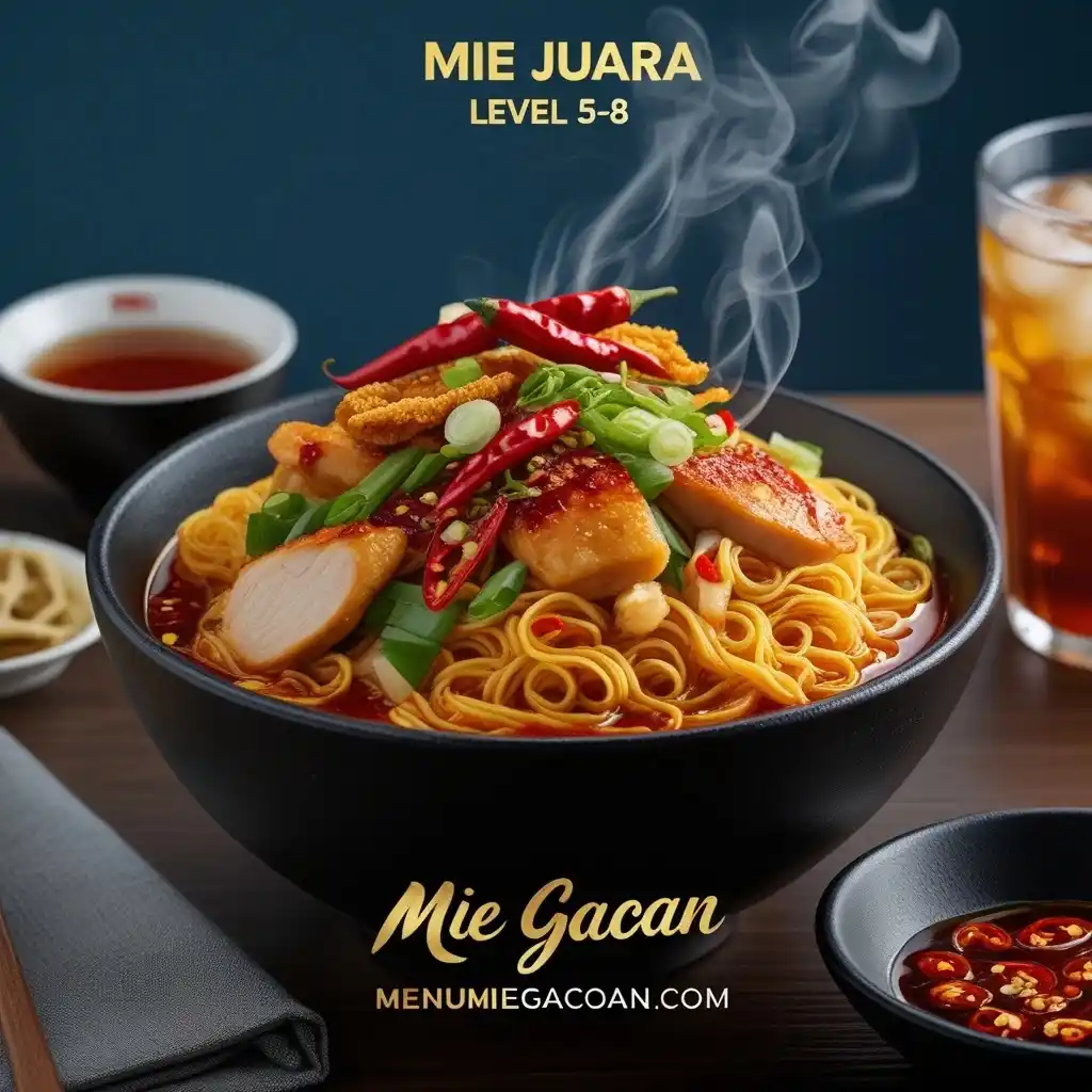 Mie Juara Level 5-8 pedas dengan ayam panggang, pangsit goreng, dan saus cabai merah menyala.