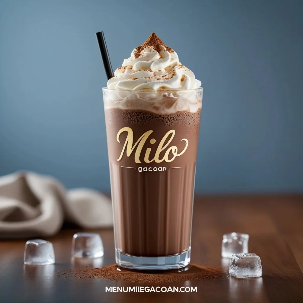 Milo dingin dengan es batu, whipped cream, dan taburan Milo bubuk.