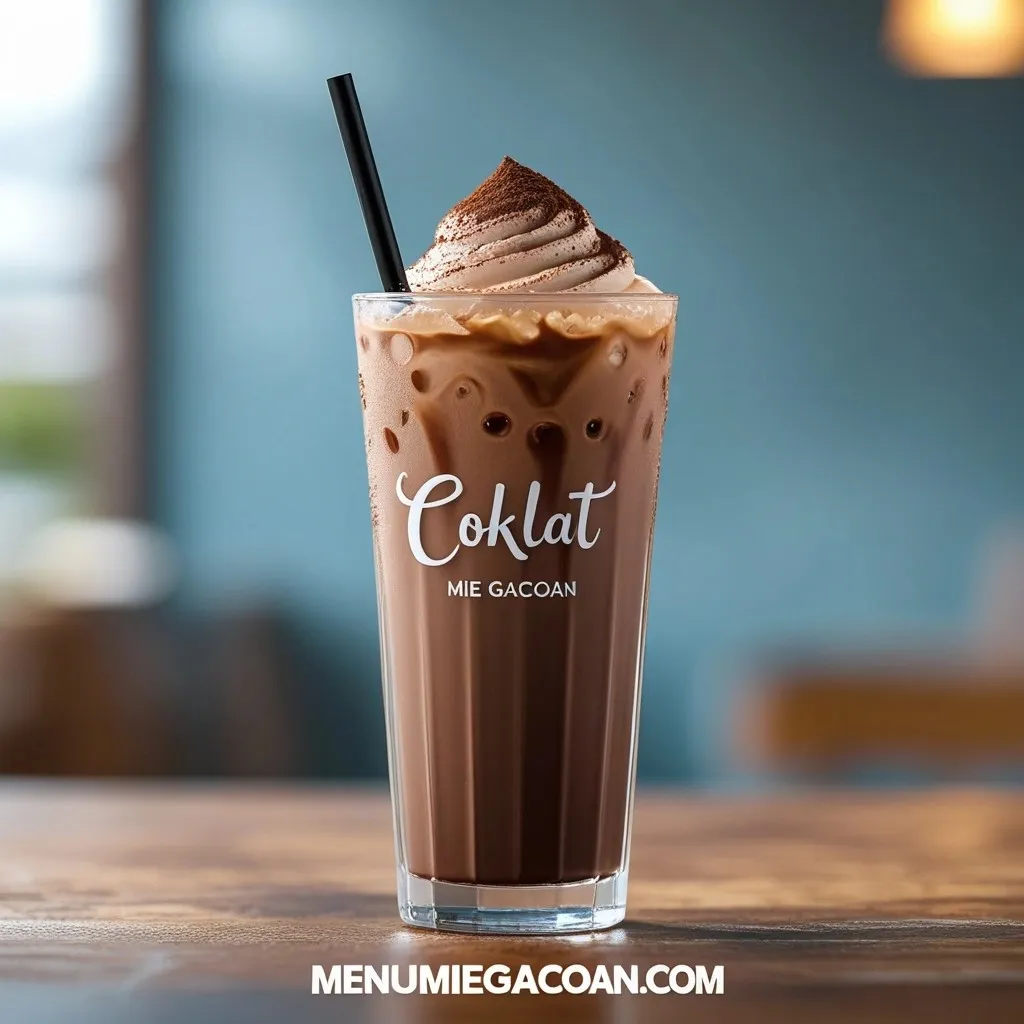 Minuman coklat dingin dengan es batu dan taburan bubuk kakao.