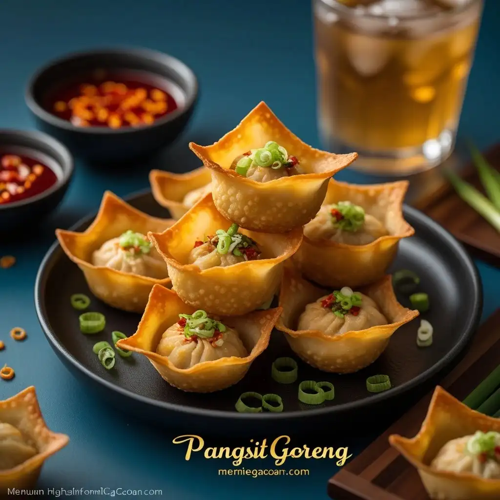 Pangsit Goreng renyah dengan isian ayam gurih, disajikan dengan saus cabai pedas.
