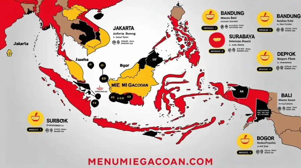 Peta lokasi Mie Gacoan di Indonesia dengan alamat dan jam operasional. Teks 'menumiegacoan.com' di bawah.