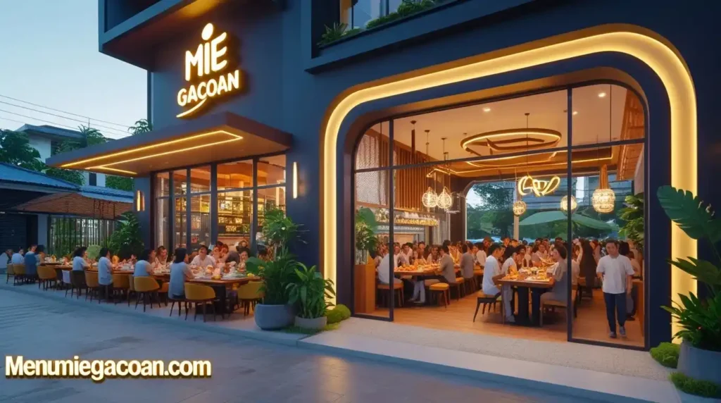 Restoran Mie Gacoan modern dengan logo terang, jendela kaca besar, dan suasana ramai. Teks 'menumiegacoan.com' di bawah.