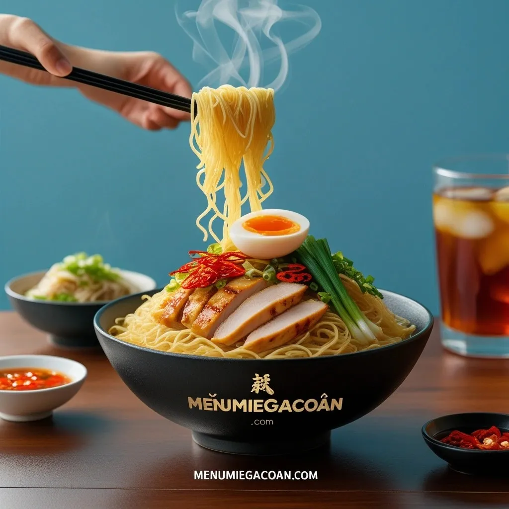 Semangkuk Mie Gacoan (Mie Suit) yang lezat dengan ayam panggang, daun bawang, bawang goreng, dan telur setengah matang, disajikan dengan saus cabai pedas.