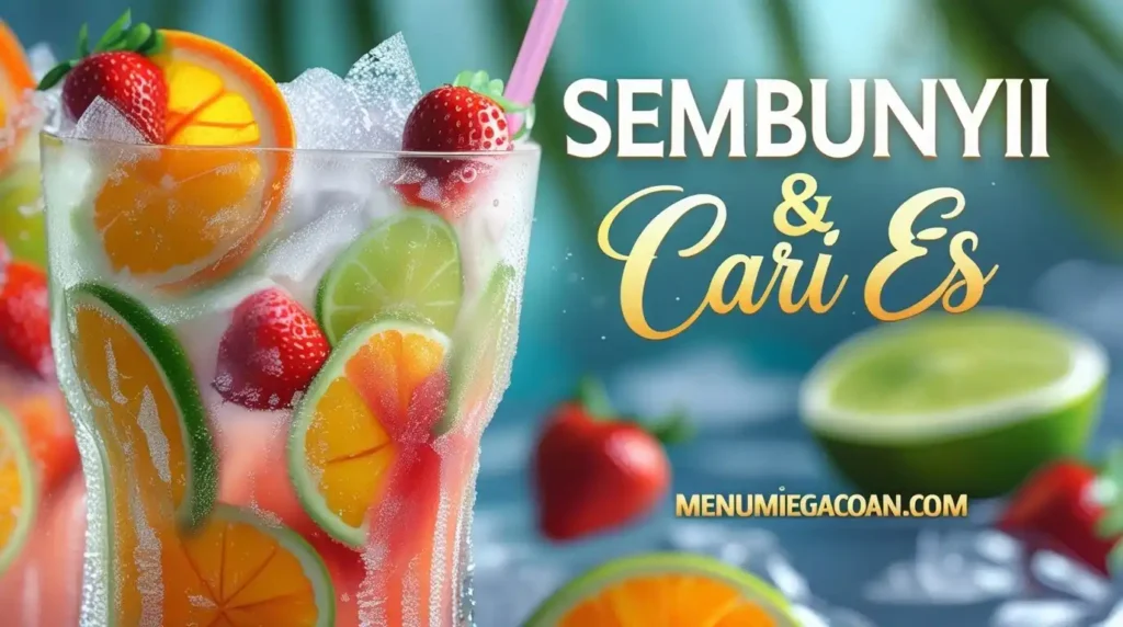 Sembunyi & Cari Es segar dengan potongan buah dan jeruk nipis. Teks 'Sembunyi & Cari Es' di atas, 'menumiegacoan.com' di bawah.
