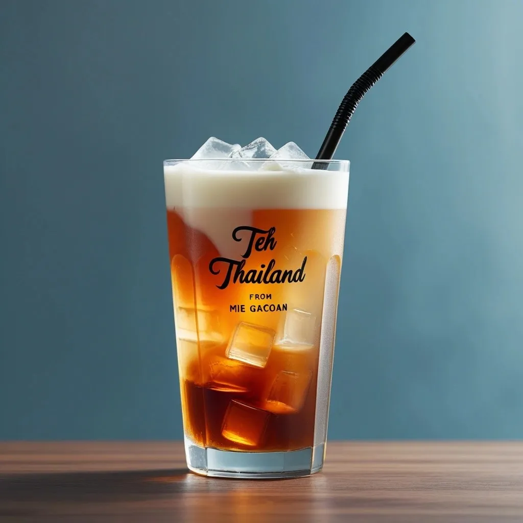 Teh Thailand dingin dengan es batu dan lapisan krim susu.
