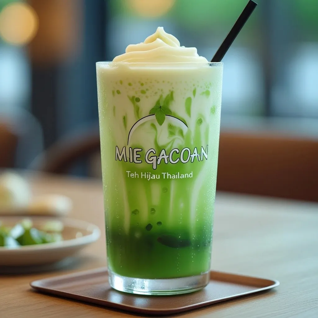Teh hijau Thailand dingin dengan es batu dan lapisan krim susu.