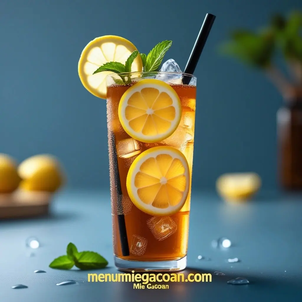 Teh lemon segar dengan es batu, irisan lemon, dan daun mint.
