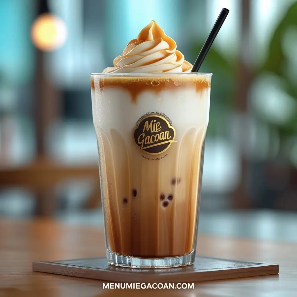 Teh tarik dingin dengan busa lembut dan es batu.
