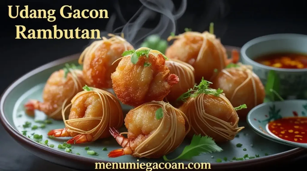 Udang Gacoan Rambutan renyah, emas keemasan, dengan isian juicy. Teks 'Udang Gacoan Rambutan' di atas, 'menumiegacoan.com' di bawah.