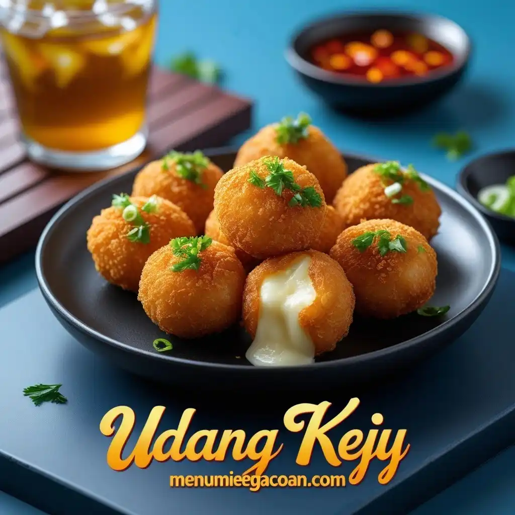 Udang Keju renyah dengan isian keju leleh, disajikan dengan saus cabai pedas.
