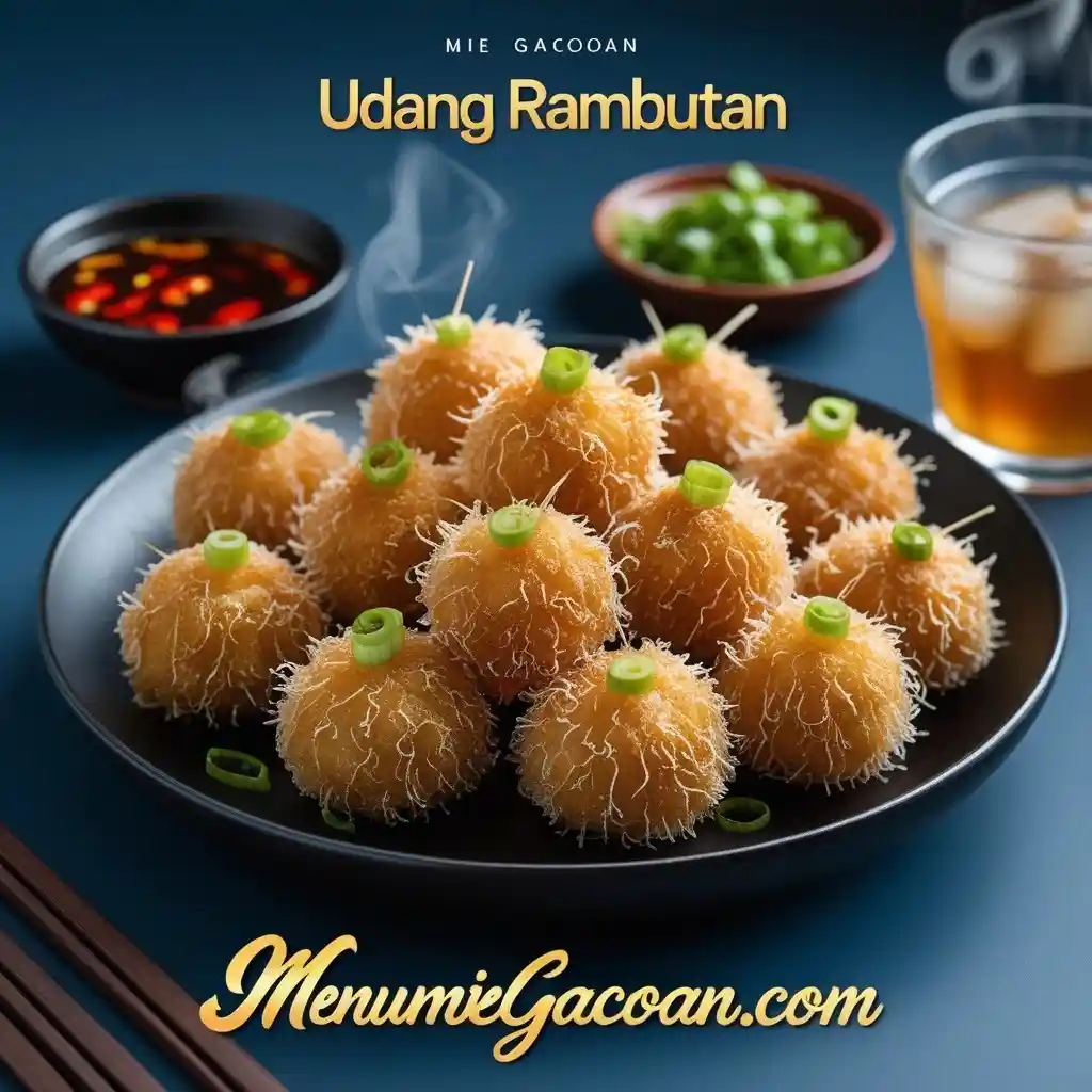 Udang Rambutan renyah dengan lapisan mi goreng, disajikan dengan saus cabai pedas.