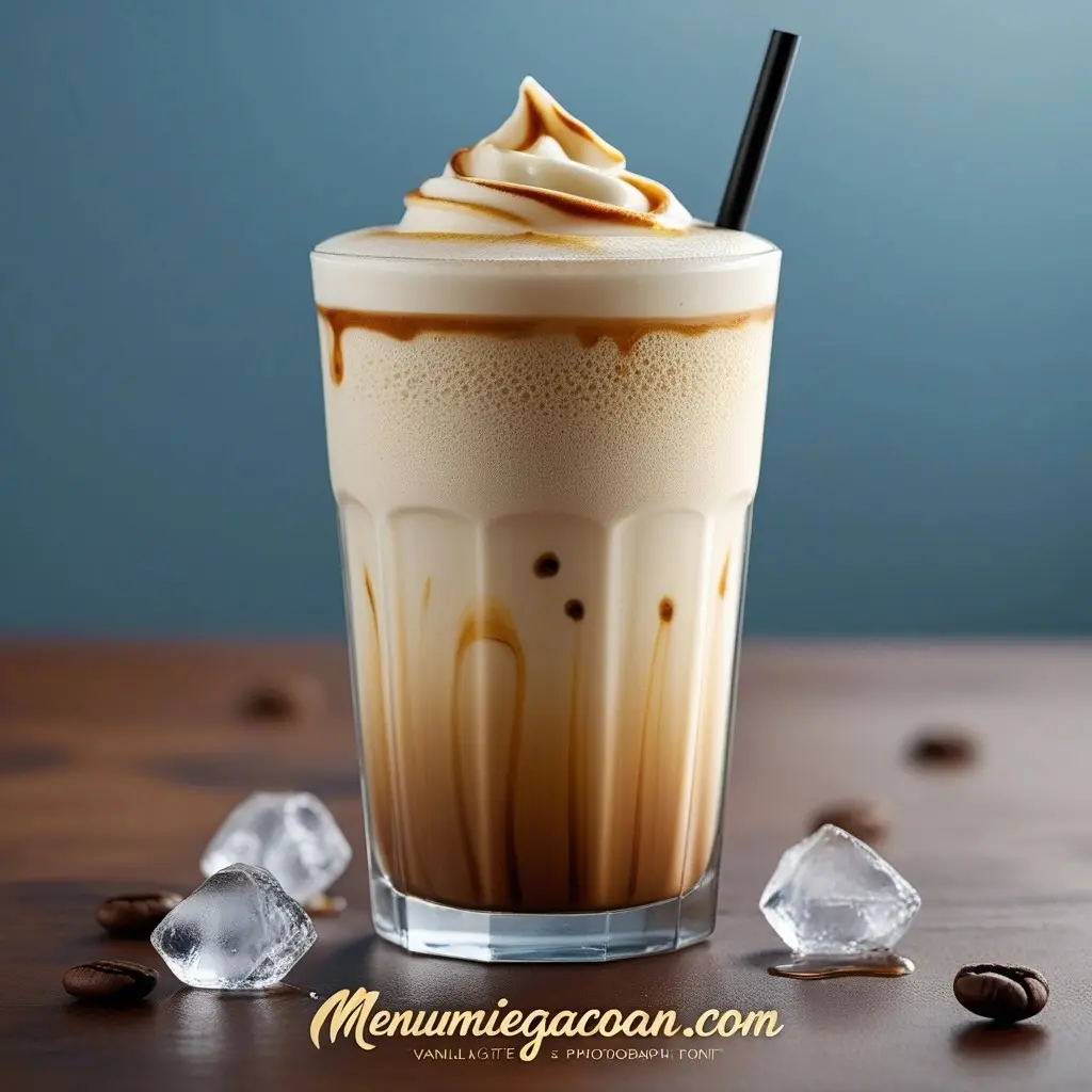 Vanilla latte dingin dengan es batu, susu berbusa, dan sirup vanila.